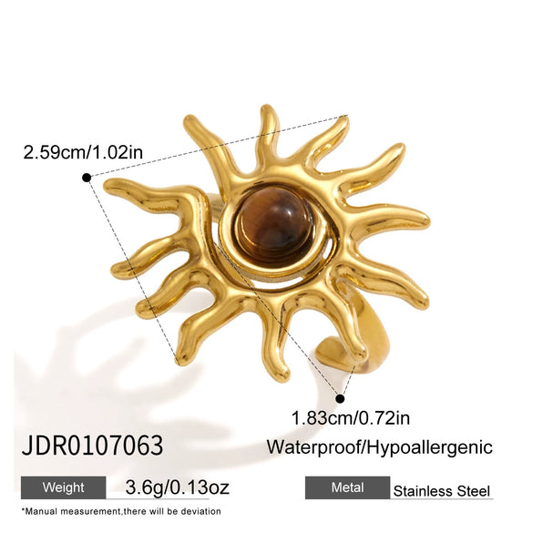 Women's Natural Tiger Eye And Sunstone Ring With Geometric Design Gold Tone Pvd Vacuum Plated Stainless Steel Jewelry