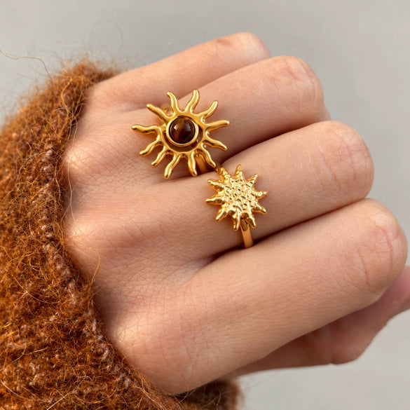 Women's Natural Tiger Eye And Sunstone Ring With Geometric Design Gold Tone Pvd Vacuum Plated Stainless Steel Jewelry