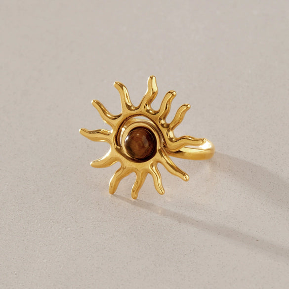 Women's Natural Tiger Eye And Sunstone Ring With Geometric Design Gold Tone Pvd Vacuum Plated Stainless Steel Jewelry