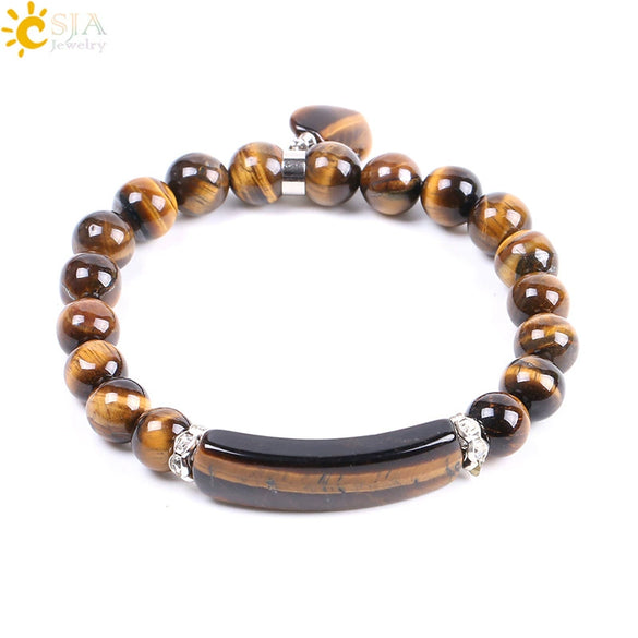 Women's Natural Tiger Eye Stone Beaded Bracelet With Woven Chain Pendant And Electroplated Rhinestone Detail