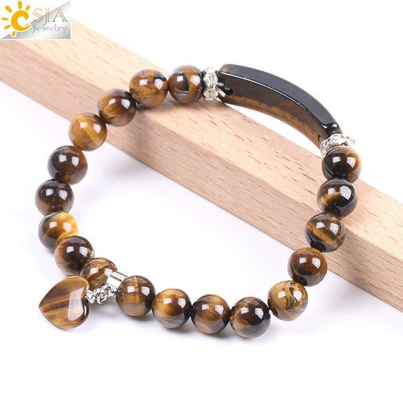 Women's Natural Tiger Eye Stone Beaded Bracelet With Woven Chain Pendant And Electroplated Rhinestone Detail