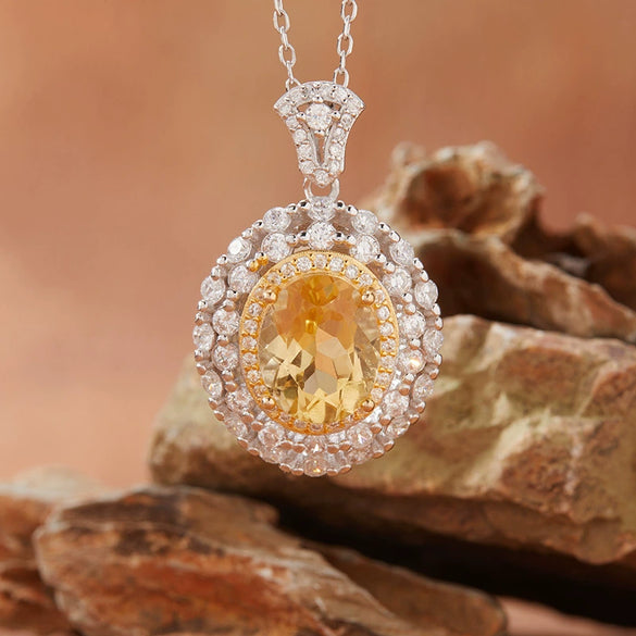 Women's Natural Topaz Amethyst Citrine Geometric Style S925 Sterling Silver Crystal Jewelry Necklace