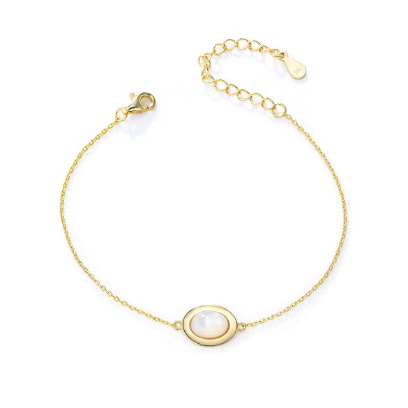 Women's Natural White Shell Oval Bracelet 925 Sterling Silver Geometric Design Jewelry