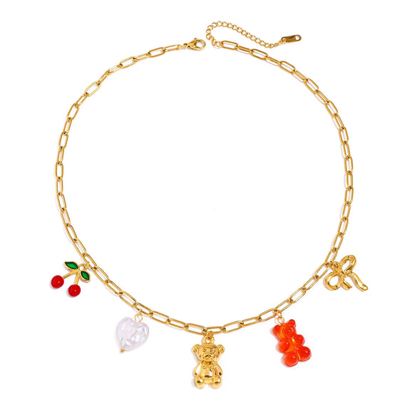 Women's Necklace Stainless Steel Titanium Steel Electroplating Bear Cherry Bow Style