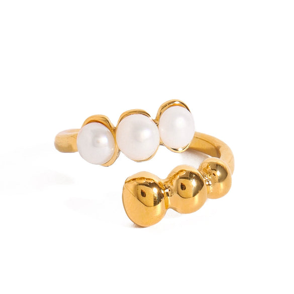 Women's Niche Design Stainless Steel Pearl Ring With Geometric Pattern And Electroplating