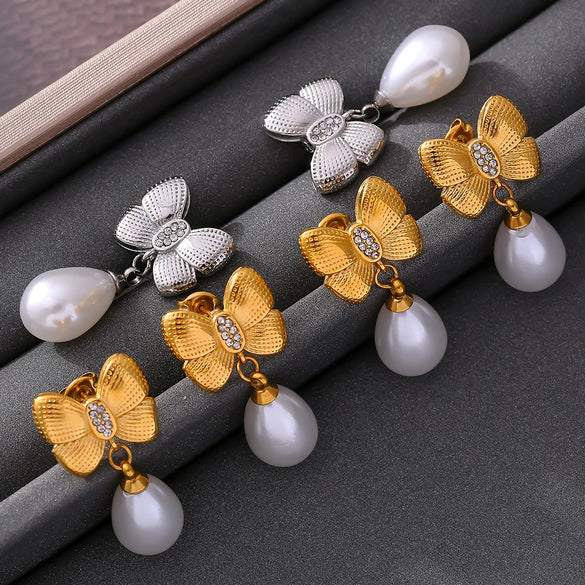 Women's Niche Style Bow Geometric Imitation Pearl Earrings 316L Stainless Steel 18K Gold Plated