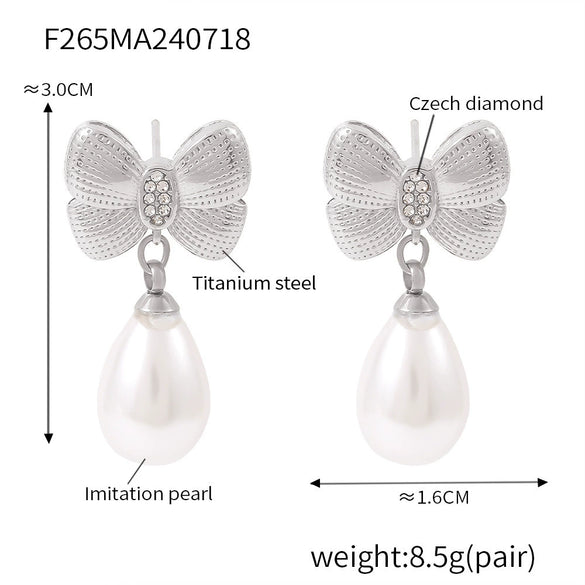 Women's Niche Style Bow Geometric Imitation Pearl Earrings 316L Stainless Steel 18K Gold Plated