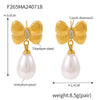 Women's Niche Style Bow Geometric Imitation Pearl Earrings 316L Stainless Steel 18K Gold Plated