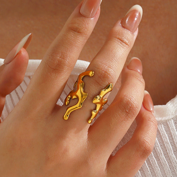 Women's Ocean Inspired Electroplated Stainless Steel Adjustable Ring With Coral Line Geometric Design