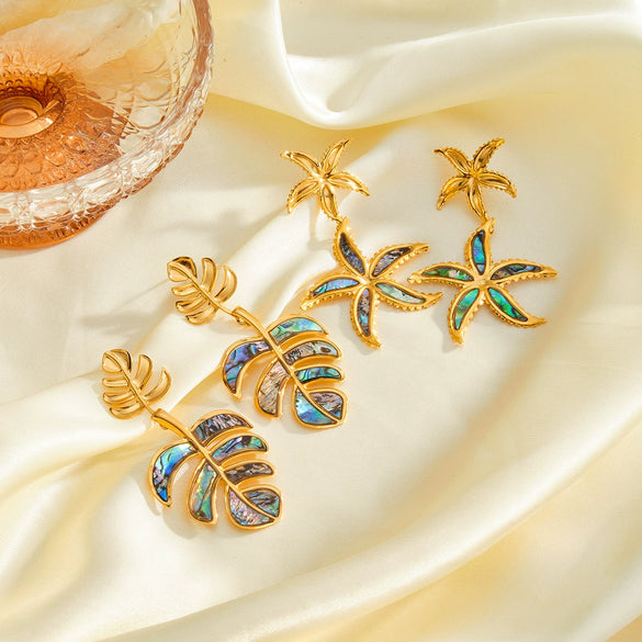 Women's Ocean Inspired Geometric Stainless Steel Earrings With 18K Gold Vacuum Plating Starfish And Leaf Design