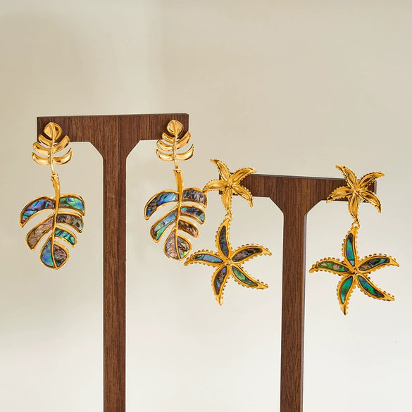 Women's Ocean Inspired Geometric Stainless Steel Earrings With 18K Gold Vacuum Plating Starfish And Leaf Design