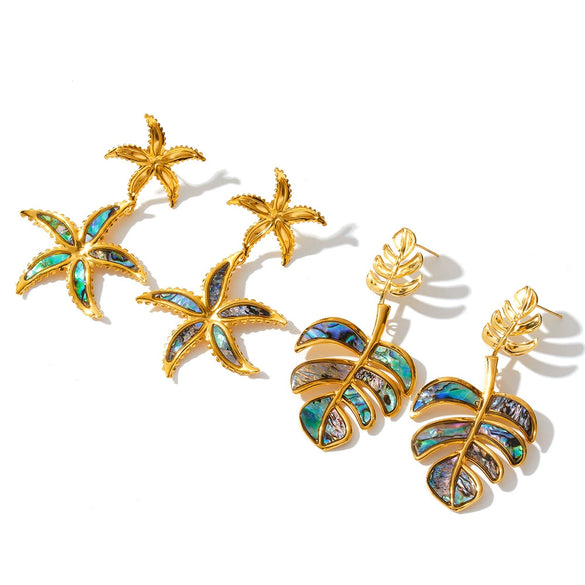 Women's Ocean Inspired Geometric Stainless Steel Earrings With 18K Gold Vacuum Plating Starfish And Leaf Design