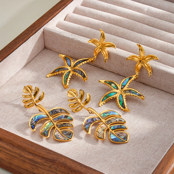 Women's Ocean Inspired Geometric Stainless Steel Earrings With 18K Gold Vacuum Plating Starfish And Leaf Design