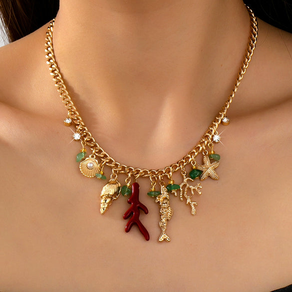 Women's Oceaninspired Multipendant Necklace With Mermaid Coral Shell And Starfish Charms Electroplated Alloy Collarbone Jewelry