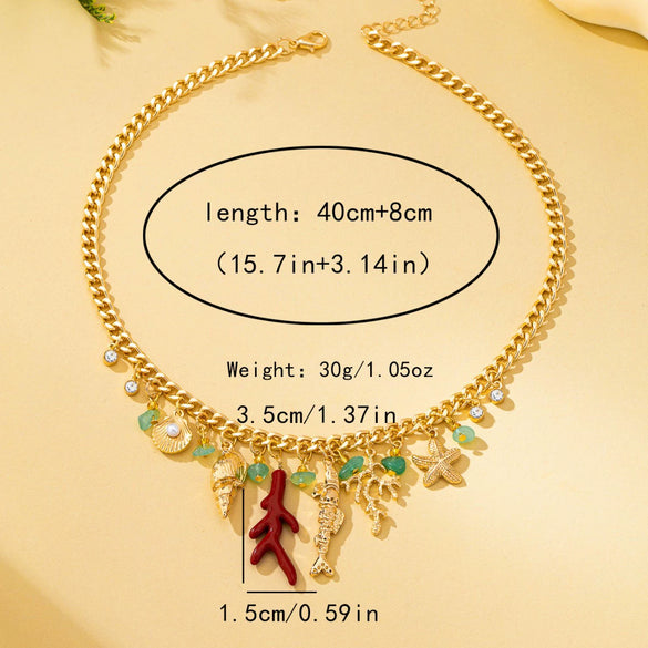 Women's Oceaninspired Multipendant Necklace With Mermaid Coral Shell And Starfish Charms Electroplated Alloy Collarbone Jewelry