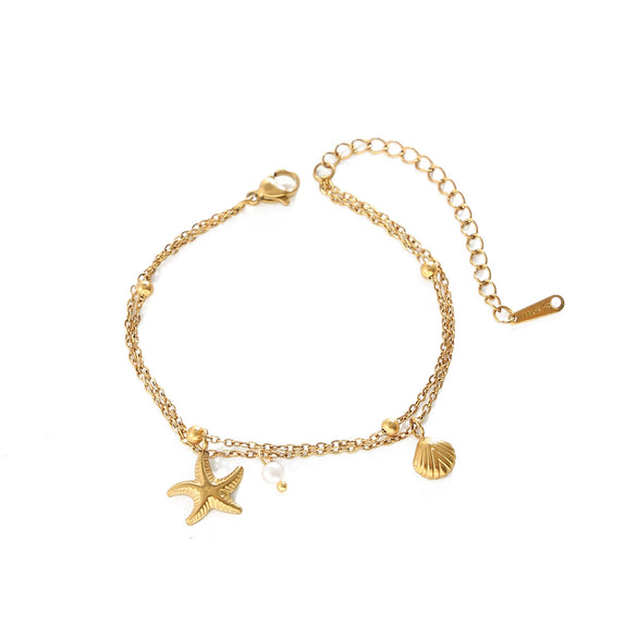 Women's Oceaninspired Stainless Steel Starfish And Scallop Shell Pendant Anklet With Imitation Pearl Doublelayer Chain
