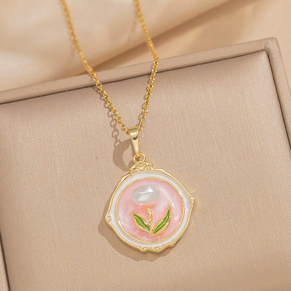 Women's Oil Painting Style Leaf Shaped Necklace Copper Titanium Steel Baroque Elegant Niche Light Luxury French Retro Allmatch Electroplated In Vacuum Furnace