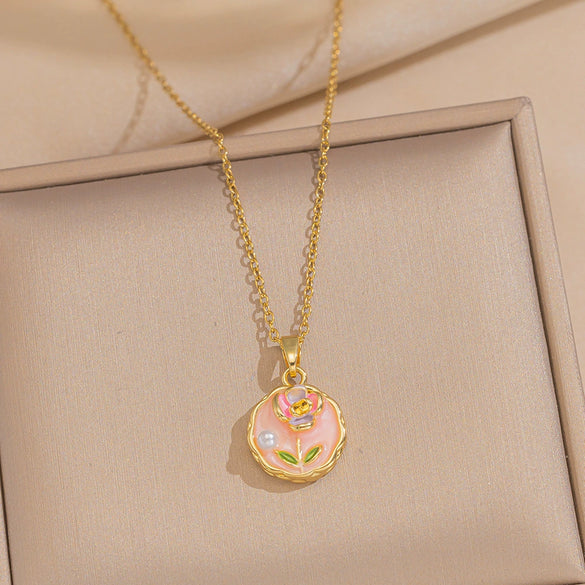 Women's Oil Painting Style Leaf Shaped Necklace Copper Titanium Steel Baroque Elegant Niche Light Luxury French Retro Allmatch Electroplated In Vacuum Furnace