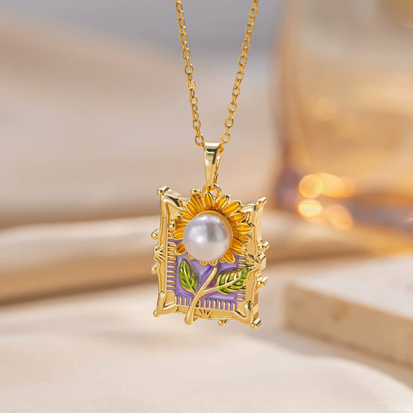 Women's Oil Painting Style Leaf Shaped Necklace Copper Titanium Steel Baroque Elegant Niche Light Luxury French Retro Allmatch Electroplated In Vacuum Furnace