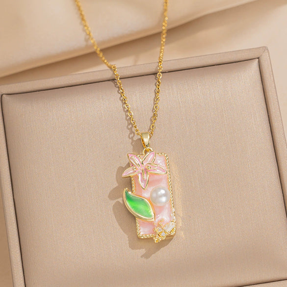 Women's Oil Painting Style Leaf Shaped Necklace Copper Titanium Steel Baroque Elegant Niche Light Luxury French Retro Allmatch Electroplated In Vacuum Furnace