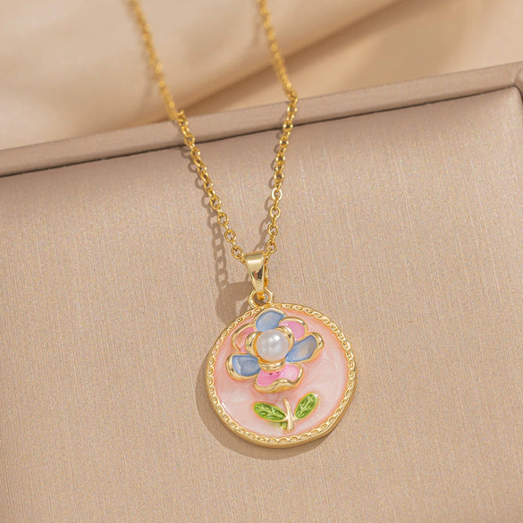 Women's Oil Painting Style Leaf Shaped Necklace Copper Titanium Steel Baroque Elegant Niche Light Luxury French Retro Allmatch Electroplated In Vacuum Furnace