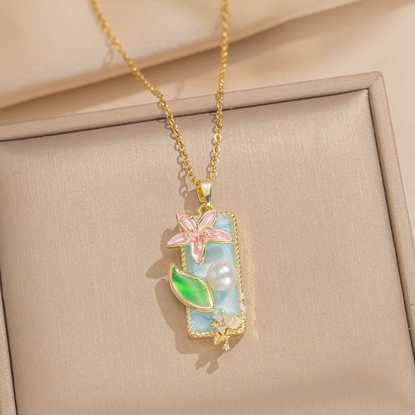 Women's Oil Painting Style Leaf Shaped Necklace Copper Titanium Steel Baroque Elegant Niche Light Luxury French Retro Allmatch Electroplated In Vacuum Furnace