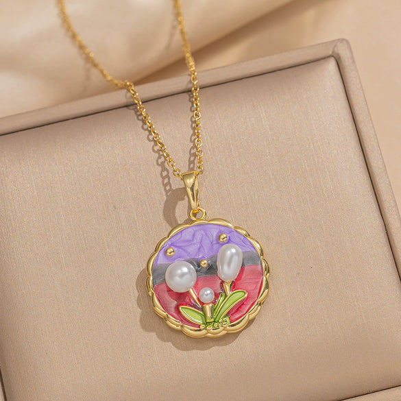 Women's Oil Painting Style Leaf Shaped Necklace Copper Titanium Steel Baroque Elegant Niche Light Luxury French Retro Allmatch Electroplated In Vacuum Furnace