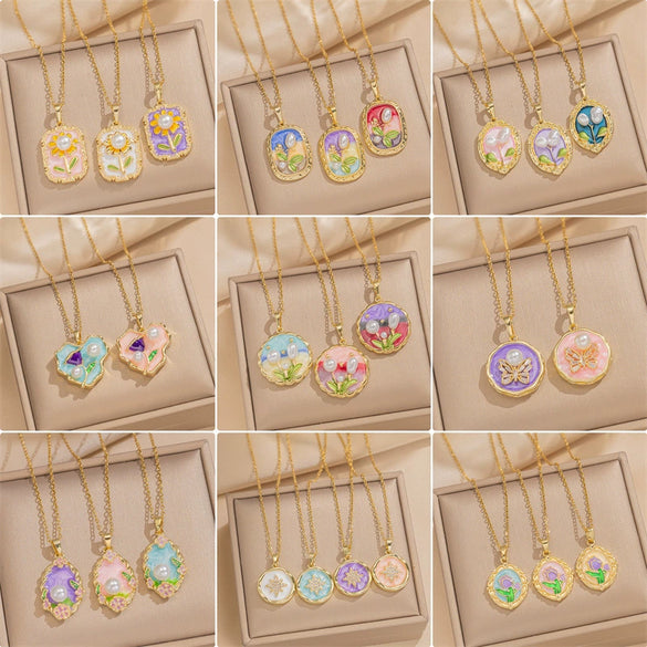 Women's Oil Painting Style Leaf Shaped Necklace Copper Titanium Steel Baroque Elegant Niche Light Luxury French Retro Allmatch Electroplated In Vacuum Furnace