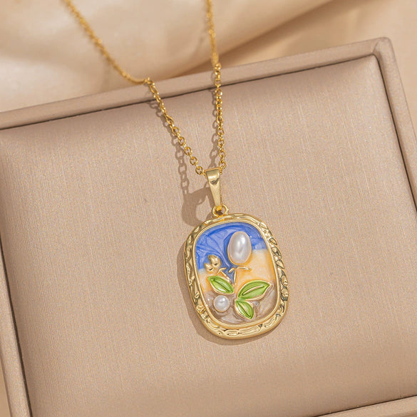 Women's Oil Painting Style Leaf Shaped Necklace Copper Titanium Steel Baroque Elegant Niche Light Luxury French Retro Allmatch Electroplated In Vacuum Furnace