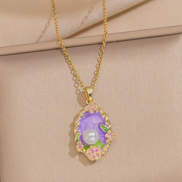 Women's Oil Painting Style Leaf Shaped Necklace Copper Titanium Steel Baroque Elegant Niche Light Luxury French Retro Allmatch Electroplated In Vacuum Furnace