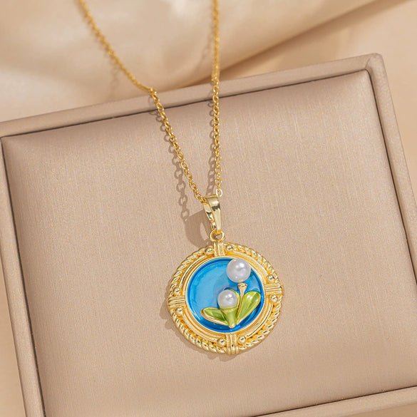 Women's Oil Painting Style Leaf Shaped Necklace Copper Titanium Steel Baroque Elegant Niche Light Luxury French Retro Allmatch Electroplated In Vacuum Furnace