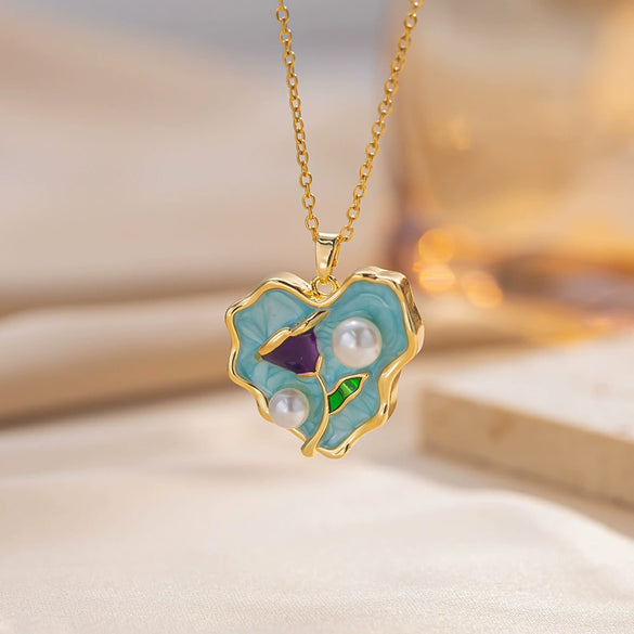 Women's Oil Painting Style Leaf Shaped Necklace Copper Titanium Steel Baroque Elegant Niche Light Luxury French Retro Allmatch Electroplated In Vacuum Furnace