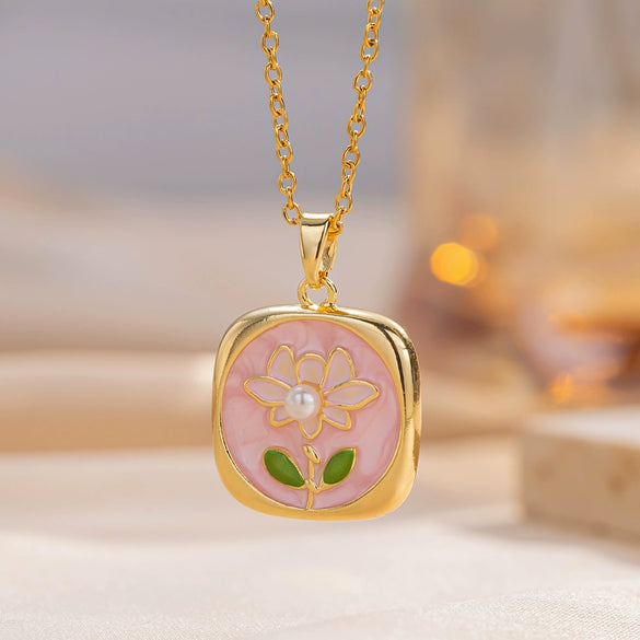 Women's Oil Painting Style Leaf Shaped Necklace Copper Titanium Steel Baroque Elegant Niche Light Luxury French Retro Allmatch Electroplated In Vacuum Furnace