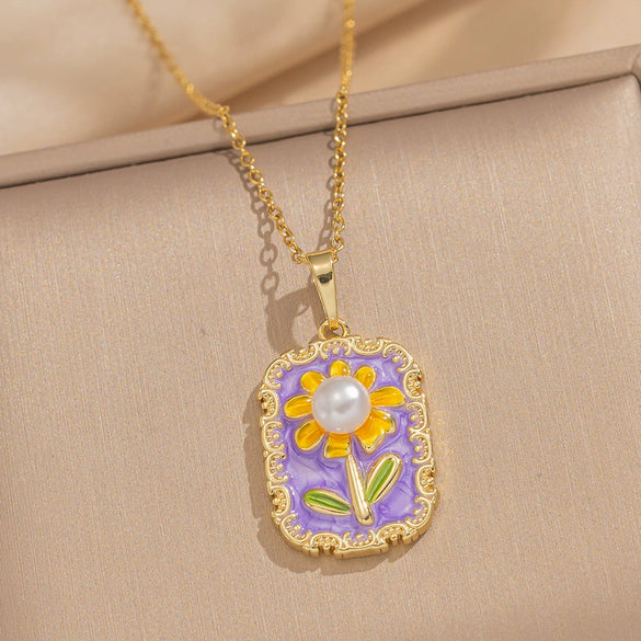 Women's Oil Painting Style Leaf Shaped Necklace Copper Titanium Steel Baroque Elegant Niche Light Luxury French Retro Allmatch Electroplated In Vacuum Furnace