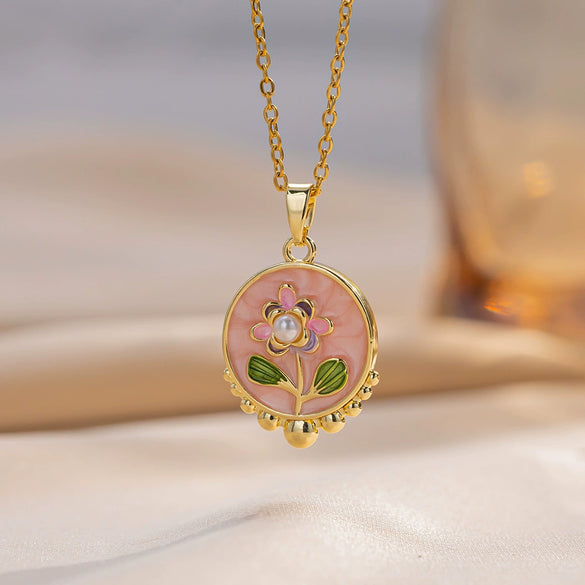 Women's Oil Painting Style Leaf Shaped Necklace Copper Titanium Steel Baroque Elegant Niche Light Luxury French Retro Allmatch Electroplated In Vacuum Furnace