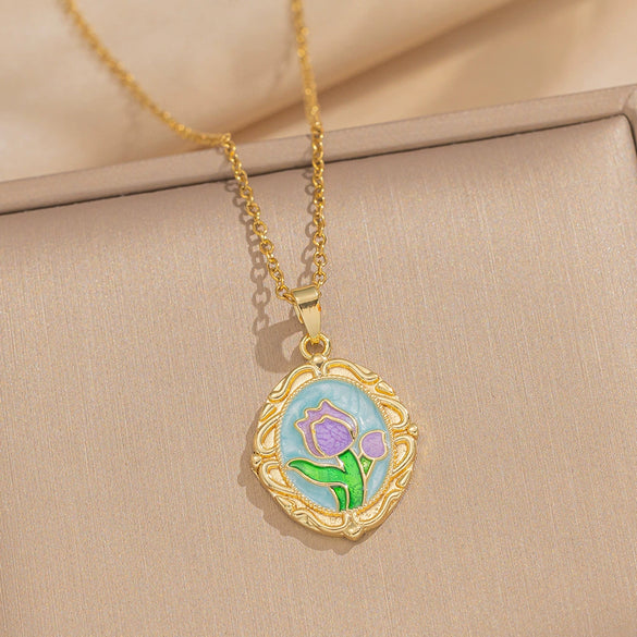 Women's Oil Painting Style Leaf Shaped Necklace Copper Titanium Steel Baroque Elegant Niche Light Luxury French Retro Allmatch Electroplated In Vacuum Furnace