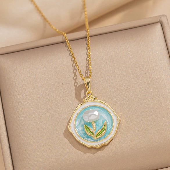 Women's Oil Painting Style Leaf Shaped Necklace Copper Titanium Steel Baroque Elegant Niche Light Luxury French Retro Allmatch Electroplated In Vacuum Furnace