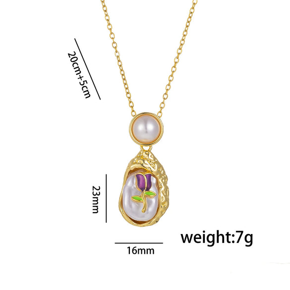 Women's Oil Painting Style Leaf Shaped Necklace Copper Titanium Steel Baroque Elegant Niche Light Luxury French Retro Allmatch Electroplated In Vacuum Furnace