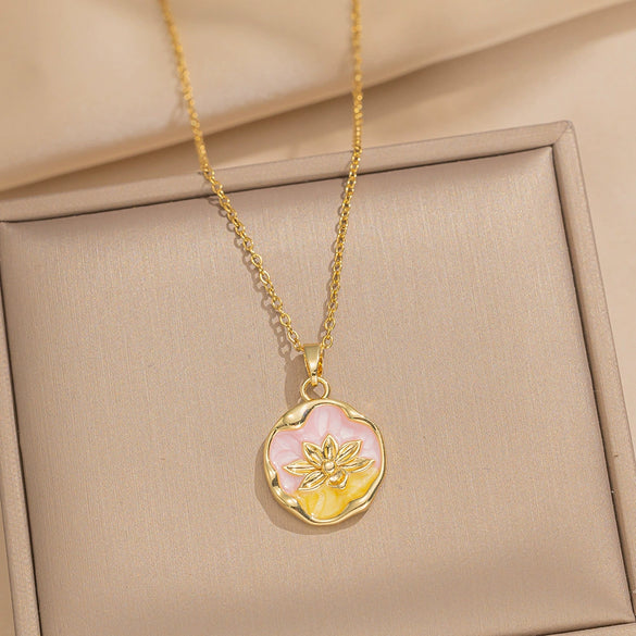 Women's Oil Painting Style Leaf Shaped Necklace Copper Titanium Steel Baroque Elegant Niche Light Luxury French Retro Allmatch Electroplated In Vacuum Furnace