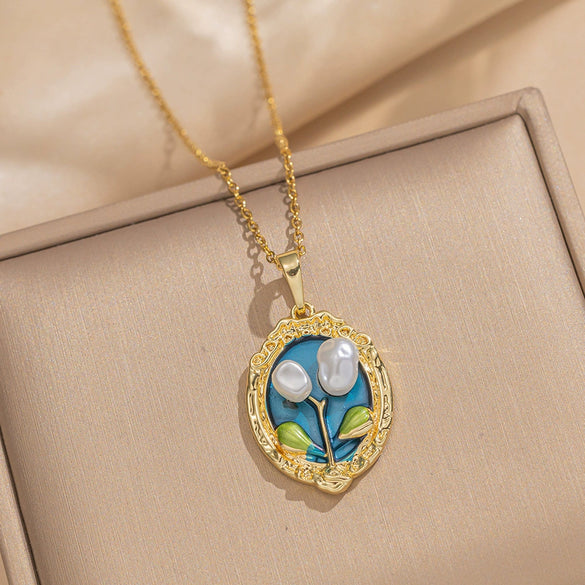 Women's Oil Painting Style Leaf Shaped Necklace Copper Titanium Steel Baroque Elegant Niche Light Luxury French Retro Allmatch Electroplated In Vacuum Furnace