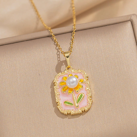 Women's Oil Painting Style Leaf Shaped Necklace Copper Titanium Steel Baroque Elegant Niche Light Luxury French Retro Allmatch Electroplated In Vacuum Furnace