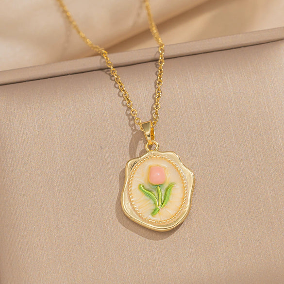 Women's Oil Painting Style Leaf Shaped Necklace Copper Titanium Steel Baroque Elegant Niche Light Luxury French Retro Allmatch Electroplated In Vacuum Furnace