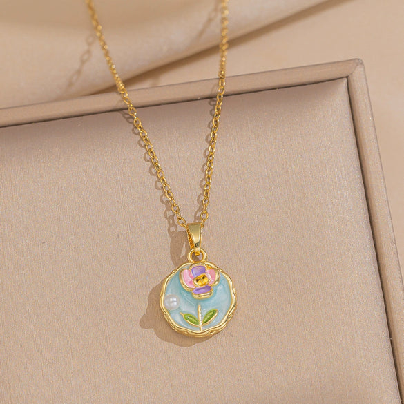 Women's Oil Painting Style Leaf Shaped Necklace Copper Titanium Steel Baroque Elegant Niche Light Luxury French Retro Allmatch Electroplated In Vacuum Furnace