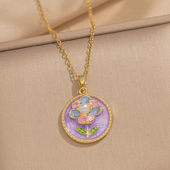 Women's Oil Painting Style Leaf Shaped Necklace Copper Titanium Steel Baroque Elegant Niche Light Luxury French Retro Allmatch Electroplated In Vacuum Furnace