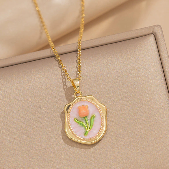 Women's Oil Painting Style Leaf Shaped Necklace Copper Titanium Steel Baroque Elegant Niche Light Luxury French Retro Allmatch Electroplated In Vacuum Furnace