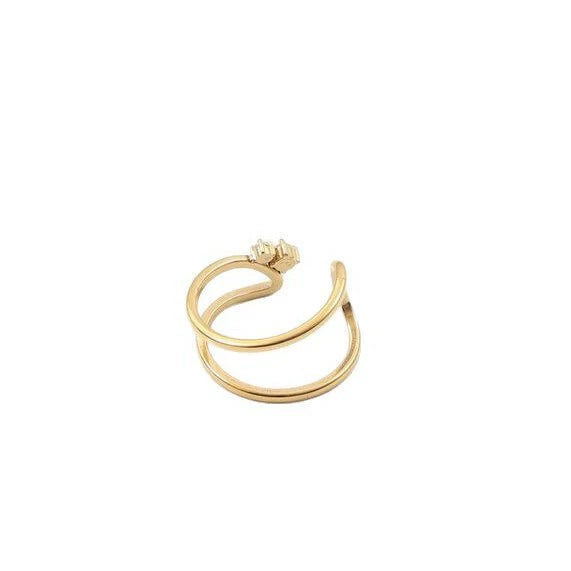 Women's Open End Stainless Steel Ring With Zirconia And 18K Gold Electroplated Geometric Floral Design