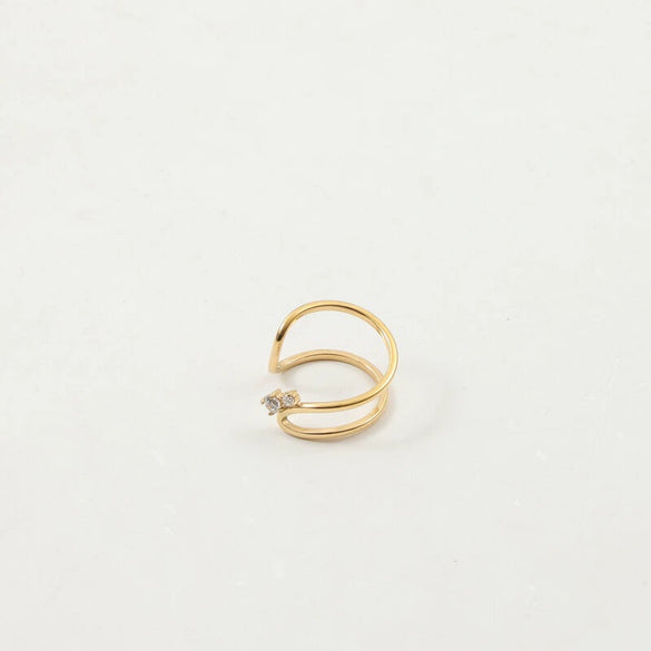 Women's Open End Stainless Steel Ring With Zirconia And 18K Gold Electroplated Geometric Floral Design