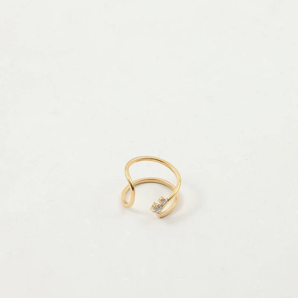 Women's Open End Stainless Steel Ring With Zirconia And 18K Gold Electroplated Geometric Floral Design