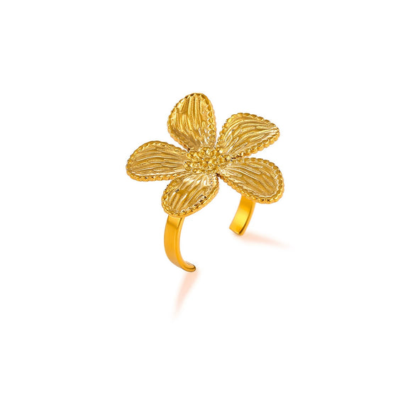Women's Open Flower Ring In Goldplated Stainless Steel Fivepetal Floral Design With Textured Botanical Style