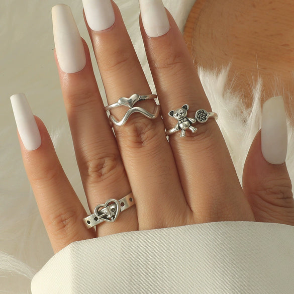 Women's Open Ring Set Alloy Geometric Pattern Electroplating Irregular Pleated Texture Fashionable Cool Style